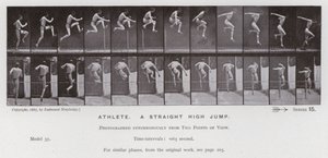 動いている人間の姿。アスリート、ストレートハイジャンプ（モノクロ写真 作： Eadweard Muybridge