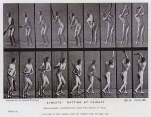 動く人間の姿。アスリート、クリケットのバッティング（モノクロ写真 作： Eadweard Muybridge