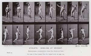 動きのある人間像。アスリート、クリケットでのボウリング（モノクロ写真 作： Eadweard Muybridge