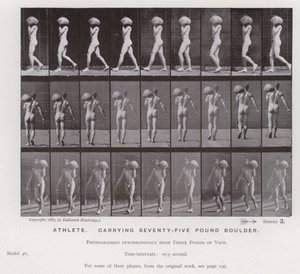 動きのある人間像。75ポンドのボルダーを運ぶアスリート（モノクロ写真 作： Eadweard Muybridge