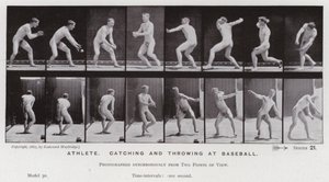 動きのある人間像。野球のキャッチボールをするアスリート（モノクロ写真 作： Eadweard Muybridge