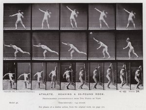 動いている人間の姿。20ポンドの石を持ち上げるアスリート（モノクロ写真 作： Eadweard Muybridge