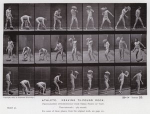 動いている人物：アスリート、75ポンドの岩を持ち上げる 作： Eadweard Muybridge
