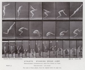 動きのある人間像アスリート、立ち幅跳び（モノクロ写真 作： Eadweard Muybridge