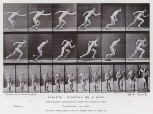 動きのある人間像。レースでスタートするアスリート（モノクロ写真 作： Eadweard Muybridge