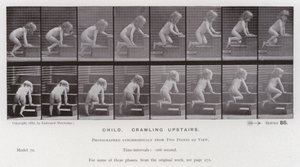 動く人間の姿。2階に這い上がる子供（モノクロ写真 作： Eadweard Muybridge