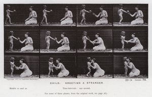 動く人間の姿。見知らぬ人に挨拶する子供（モノクロ写真 作： Eadweard Muybridge