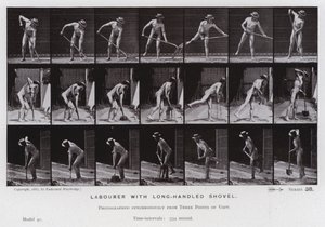動く人間の姿。長柄のシャベルを持つ労働者（モノクロ写真 作： Eadweard Muybridge