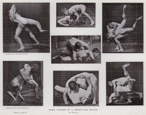 動きのある人間像。レスリングの試合におけるいくつかの局面（モノクロ写真 作： Eadweard Muybridge