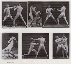 動きのある人間像。ボクシングの試合の様子（モノクロ写真 作： Eadweard Muybridge