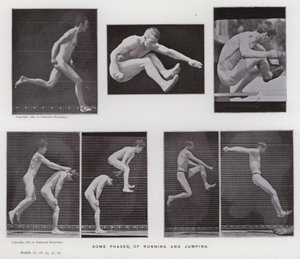 動きのある人間像。走ったり跳んだりするときのいくつかの局面（モノクロ写真 作： Eadweard Muybridge