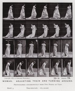 動く人間の姿。電車を調整して振り向く女性（モノクロ写真 作： Eadweard Muybridge
