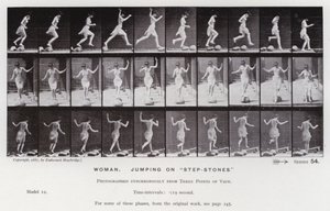 動く人間の姿。踏み台昇降でジャンプする女性（モノクロ写真 作： Eadweard Muybridge