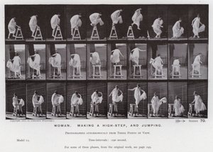 動きのある人間の姿。女性、ハイステップを踏む、ジャンプする（モノクロ写真 作： Eadweard Muybridge