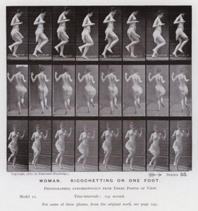 動く人間の姿。片足で跳びはねる女性（モノクロ写真 作： Eadweard Muybridge