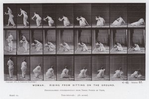 動く人間の姿。地面に座っている状態から立ち上がる女性（モノクロ写真 作： Eadweard Muybridge