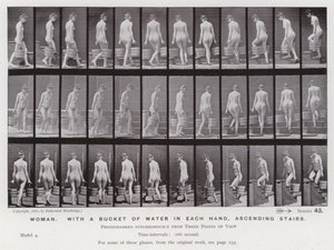 動いている人間の姿：両手にバケツの水を持ち、階段を上る女性 作： Eadweard Muybridge