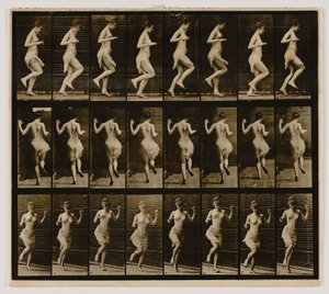 片足で跳ね回る女性（『動物の運動』より 作： Eadweard Muybridge