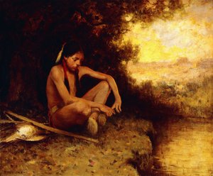 ストリームによる若いハンター（キャンバスに油彩） 作： Eanger Irving Couse