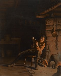 リンカーンの少年時代。 （丸太小屋の夕方）、1868（船上の紙にクロモリソグラフ）