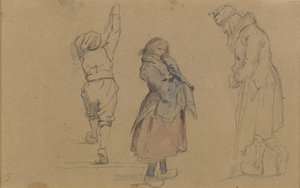 3つのオランダの人物、1852年頃（茶色の紙に黒鉛、トイレ、白チョーク）