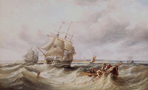 路上に停泊している他の軍艦と共に出港する 2 階建て船 (オイル) 作： Ebenezer Colls