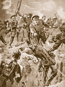 J.Davies伍長と8人の隊員が、取り囲んでいたドイツ軍の一団を銃剣で排除する様子（リトグラフ 作： Edgar Alfred Holloway