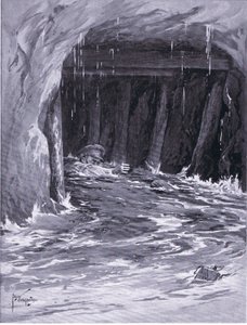 仕事を終えて、水の入った坑道から出ようとするコリアー二等兵（DCM）（リトグラフ 作： Edgar Alfred Holloway