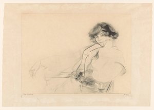 椅子に座っている彼女の髪に弓を持つ若い女性 作： Edgar Chahine (signed by artist)