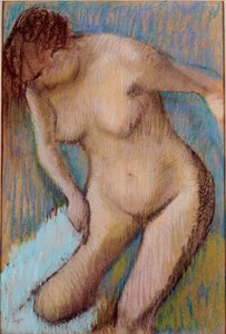 入浴後 右太ももを拭く裸の女性。エドガー・ドガ（1834-1917）によるパステル画 1866年 日。72x49 cm ローマ、Galleria d