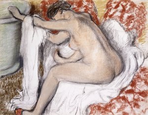 浴後、体を乾かす女性）; La Sortie du Bain（Femme S&39;Essuyant）、1885年頃（紙にモノタイプの上にパステル） 作： Edgar Degas