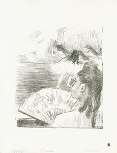劇場で-ファンを持つ女性、c.1878-80 作： Edgar Degas
