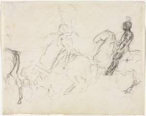 馬に乗った装甲フィギュアとの戦闘シーン二人着席の女性の対決、1856-1860。 作： Edgar Degas