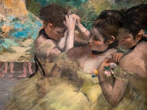 ビハインド・ザ・シーン（詳細）（「イエロー・ダンサーズ」とも呼ばれる）。1874-1876.油彩・キャンバス 作： Edgar Degas