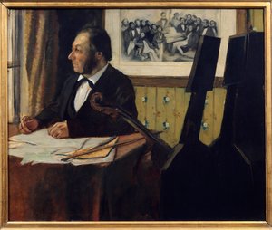 チェリストのピレ、ルイ・マリー・ピレ（1815-1877）。エドガー・ドガ（1834-1917）の絵画 1869年 日。0,50 x 0,61 m Paris.オルセー美術館 - オペラ座のオーケストラのチェロ奏者、ルイ＝マリー・ピレ（1815-1877）の肖像。エドガー・ドガ（1834-1917）の絵画 作： Edgar Degas