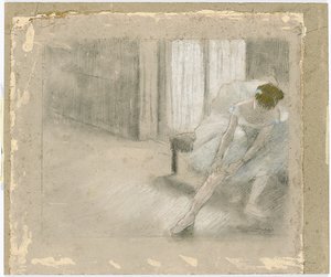 ダンサーが着席、ストッキングを再調整、ダンサーが水着を引っ張る 作： Edgar Degas