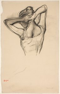 髪をセットするダンサー。 横顔の半分は左、半分は後ろから 作： Edgar Degas