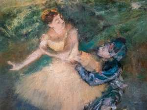 ハーレクインとコロンビーヌ（詳細）。1895年頃木に油彩。 作： Edgar Degas