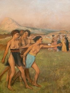 男の子を挑発するスパルタの少女たち（詳細）。1860-1862年頃、1880年以前に再開された。油彩・キャンバス 作： Edgar Degas