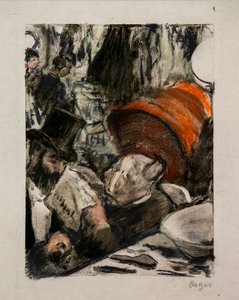 楽屋でマダム・カーディナルの話を聞くルドヴィック・ハレビィ。1876年から1877年頃。モノタイプにパステル、黒インク、ファーストテスト。 作： Edgar Degas