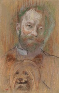犬を抱いたルドビック・レピック、1889 作： Edgar Degas
