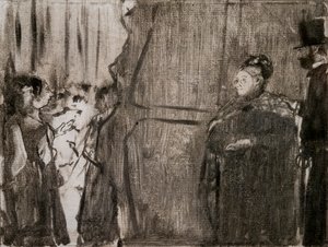 ルディヴィック・ハレヴィとマダム・カーディナルの舞台裏を紹介します。1876年から1877年頃。モノタイプは黒インク。 作： Edgar Degas