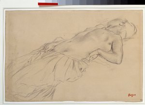 仰向けに寝ている裸の女性 「中世の戦いの情景」のための習作 エドガー・ドガ（1834-1917）による黒の鉛筆画 薄暗い。0.22 x 0.35 m Paris.ルーヴル美術館 作： Edgar Degas
