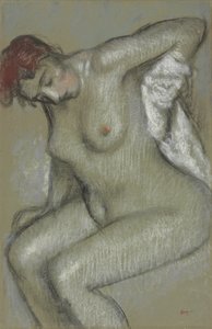 ヌードの女性自身を乾燥させます。裸の女性が体を拭く1895