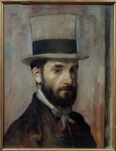 レオン・ジョセフ・フロランタン・ボナ（1833-1922）の肖像 画家はトップハットをかぶっています。エドガー・ドガ（1834-1917）の絵画 1863年 日。0,43x0,36 m バイヨンヌ、Musee Bonnat - レオン・ジョセフ・フロランタン・ボナ（1833-1922）の肖像。画家はトップハットをかぶっている。絵画 b 作： Edgar Degas