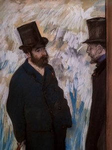 友人たちの肖像、現場で（詳細）（「ルドヴィック・ハレヴィとアルベール・ブーランジェ＝カーヴの肖像」とも呼ばれる）。1879.紙にパステル。 作： Edgar Degas