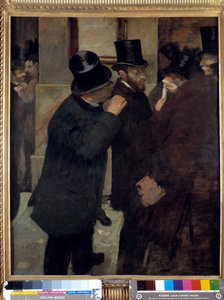 証券取引所での肖像画（A la Bourse）：金融業者でありコレクターであったアーネスト・メイ（1845-1925）による表現。エドガー・ドガ（1834-1917）の絵画。1878-1879.パリ、オルセー美術館 - 「証券取引所の肖像」：R 作： Edgar Degas
