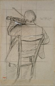 後ろから見た座っているバイオリニスト、1875-1876 作： Edgar Degas