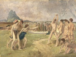 若いスパルタ運動の研究、c.1860-61（パネルに取り付けられた紙に油彩）（3354を参照） 作： Edgar Degas