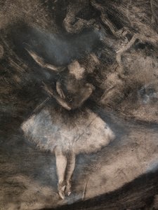 バレエの巨匠（細部）（ルドヴィック・ルピックとの共同制作）。1876.モノタイプ、黒インク、白チョークのハイライト 作： Edgar Degas